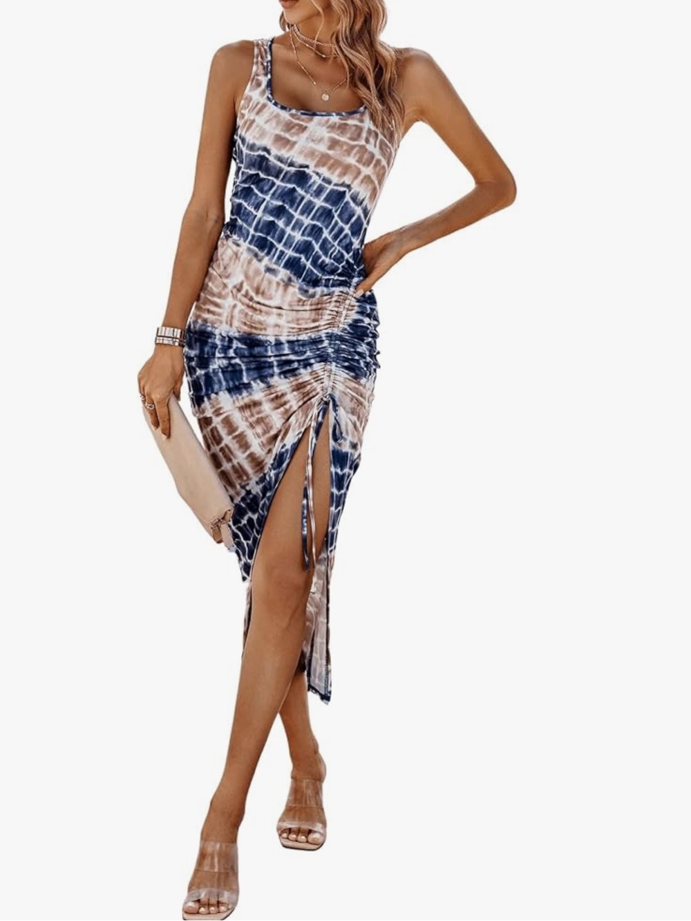 Floerns Tie Dye Sleeveless Scoop Neck Drawstring Ruched Slit Hem Long Dress - Picture 3 of 4